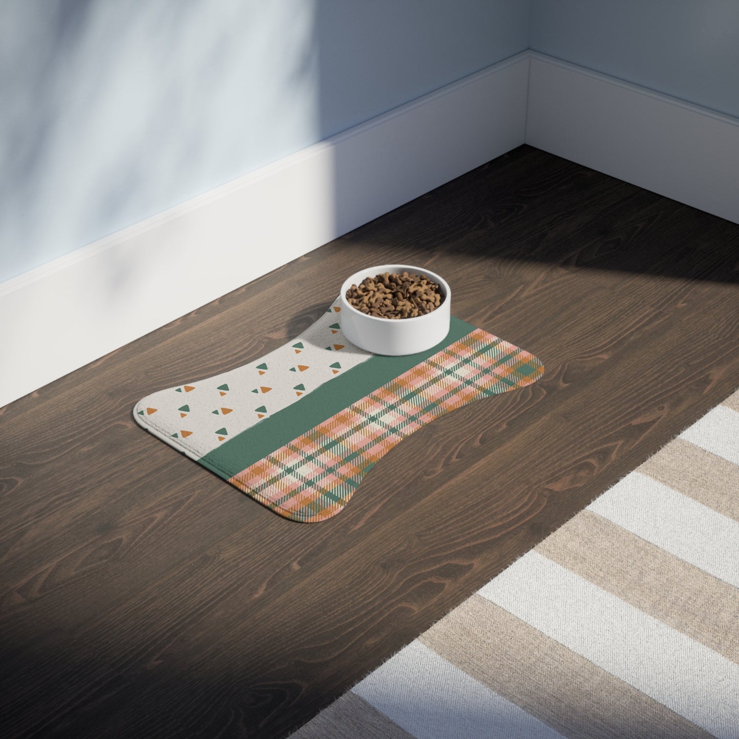 "Geometric Plaid Pup Retreat" | Pet Feeding Mat