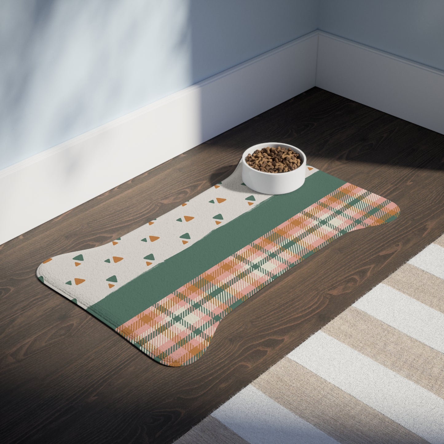 "Geometric Plaid Pup Retreat" | Pet Feeding Mat